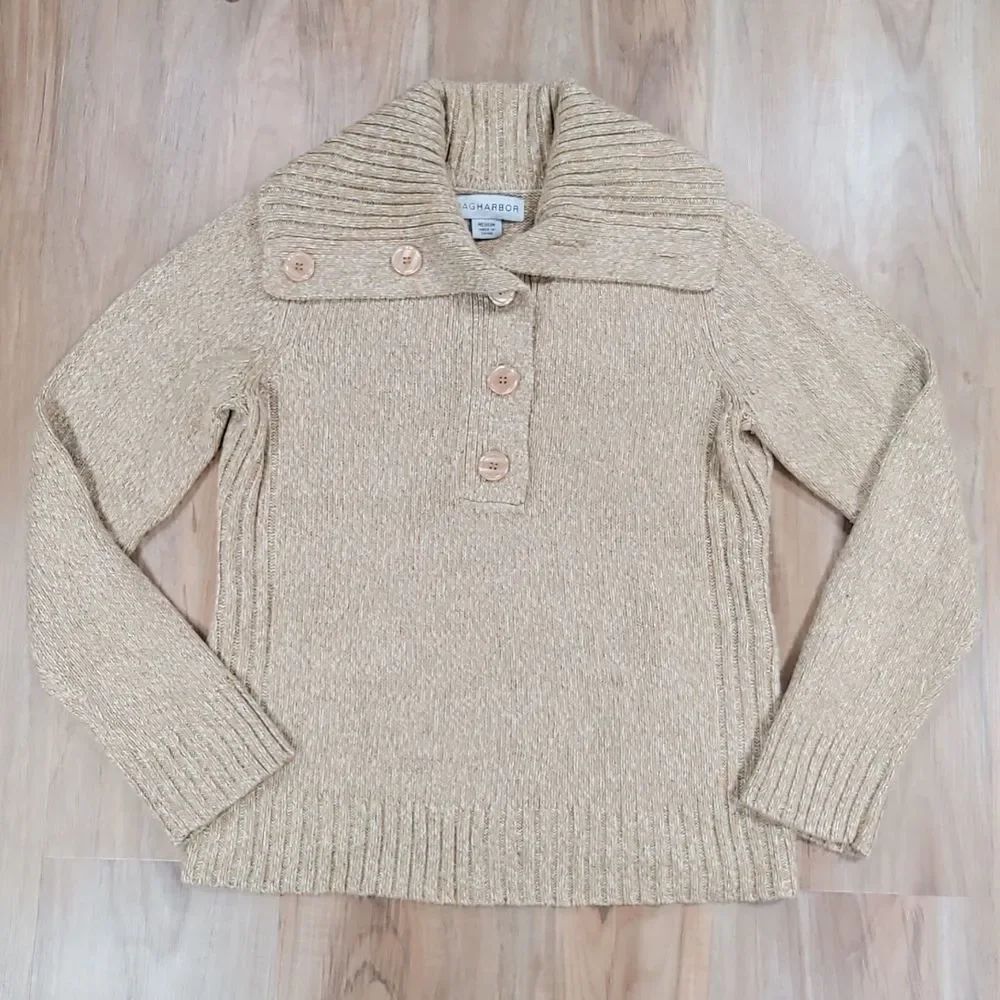 🔹️Vintage Sag Harbor Marled Tan Shawl Collar Sweater Medium